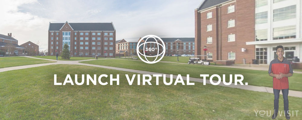 image of campus with virtual tour logo