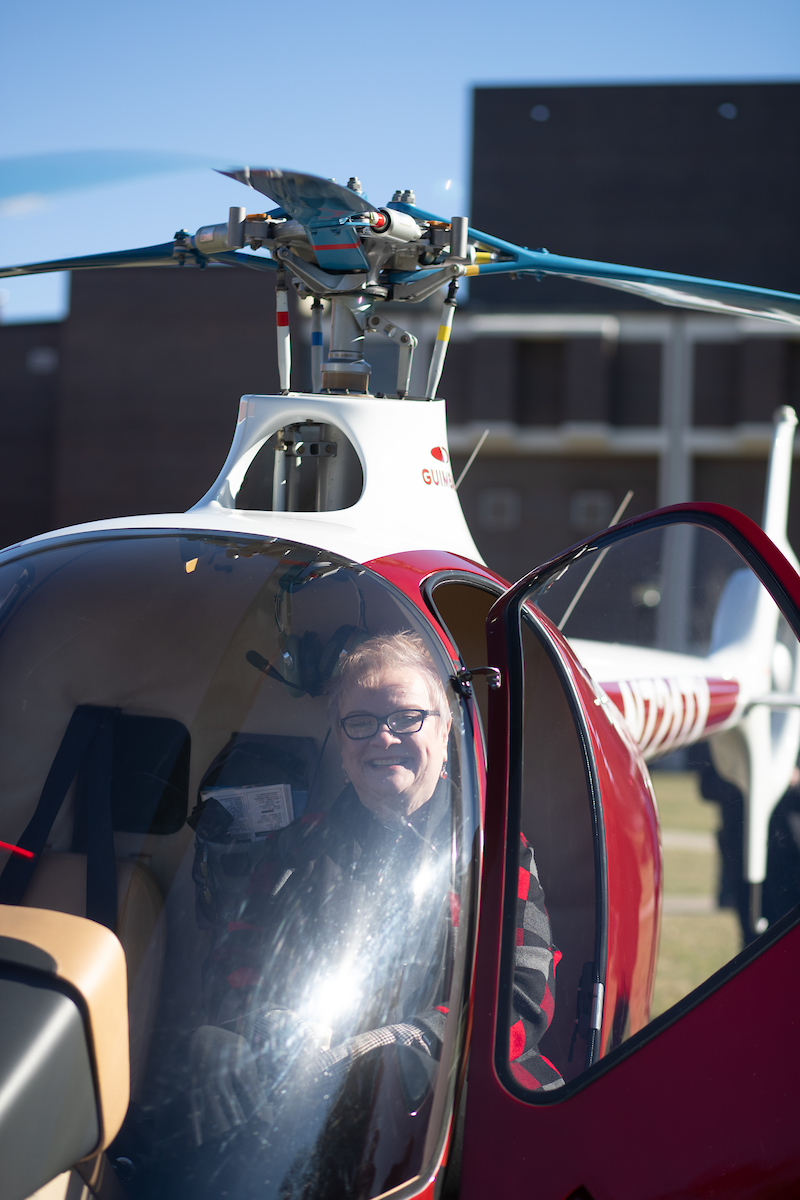 Austin Peay President Alisa White sits in the cockpit of GOV 1, the University’s first helicopter in its rotor-wing fleet.