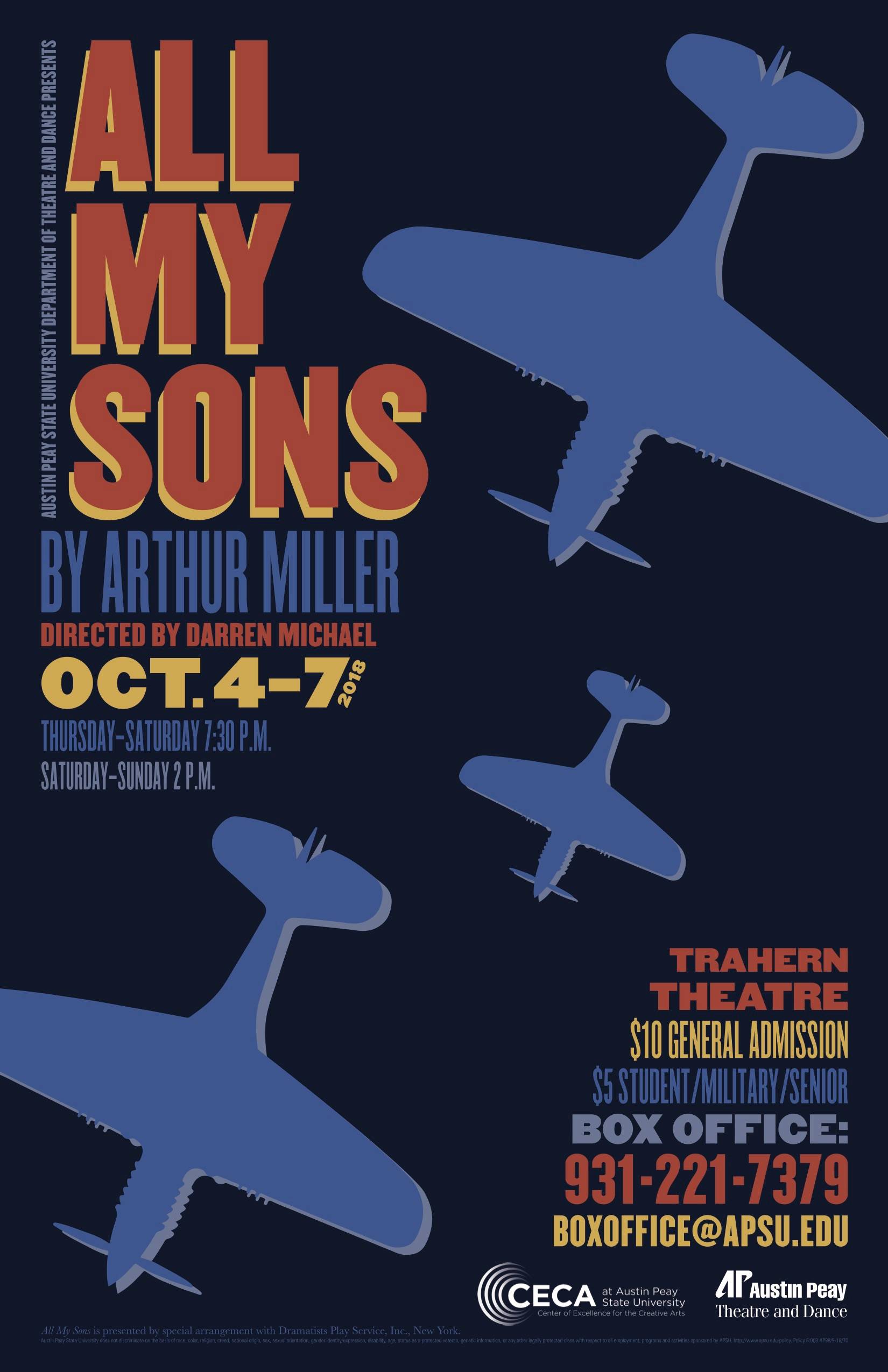 On Thursday, Oct. 4, the APSU Department of Theatre and Dance will open its 2018-19 season with “All My Sons” by Arthur Miller. The production will run through Sunday, Oct. 7.