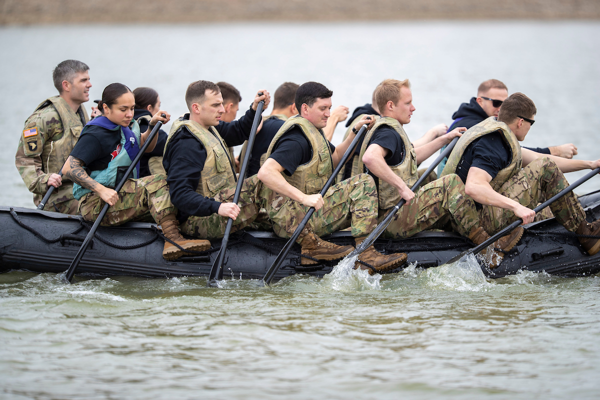 The Austin Peay State University ROTC Ranger Challenge team practices on a Zodiac boat at Liberty Park in Clarksville, Tennessee, a week before the Sandhurst competition April 12-13 at West Point, New York.