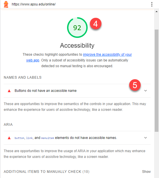 Review the accessibility score and errors that populated.