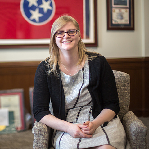 Political Science student sits in Tennessee Capitol building office