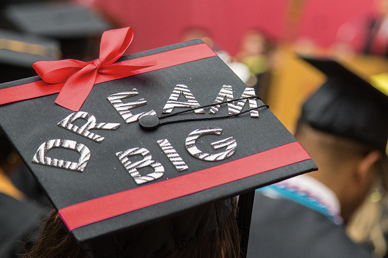 Student's graduation cap that says Dream Big