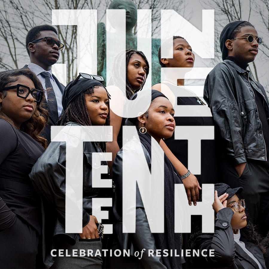 A group of Black students all facing toward the right and looking ahead with "Juneteenth - Celebration of Resilience" overlaid on the photo.