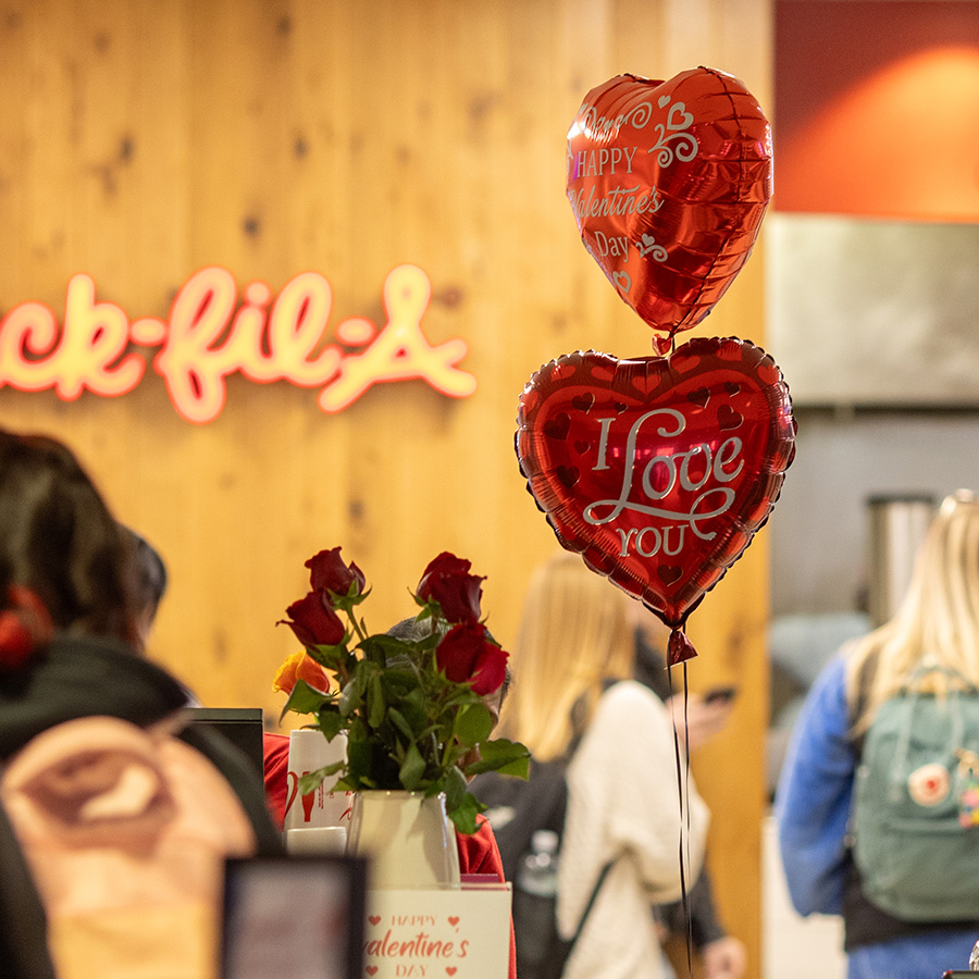 Valentine's Day balloons in the Chick-fil-A lobby