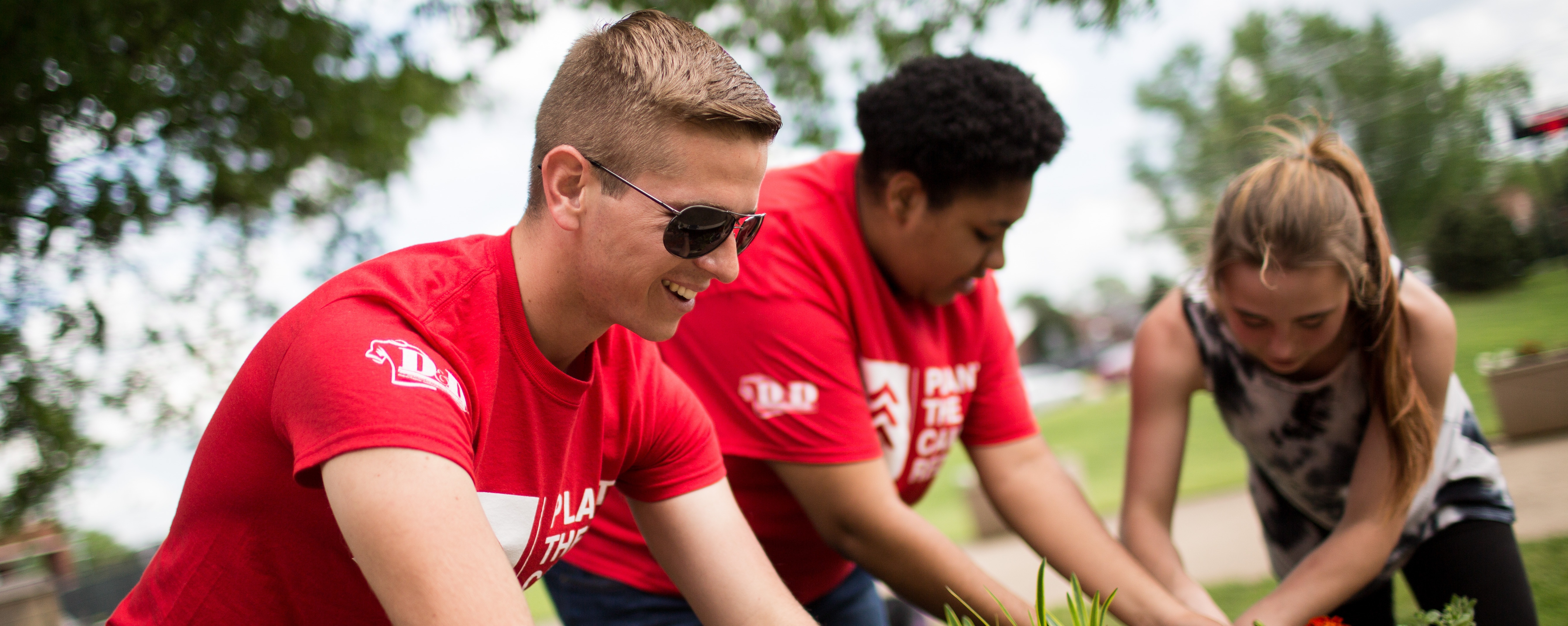 Students plant red plants in campus flowerbeds