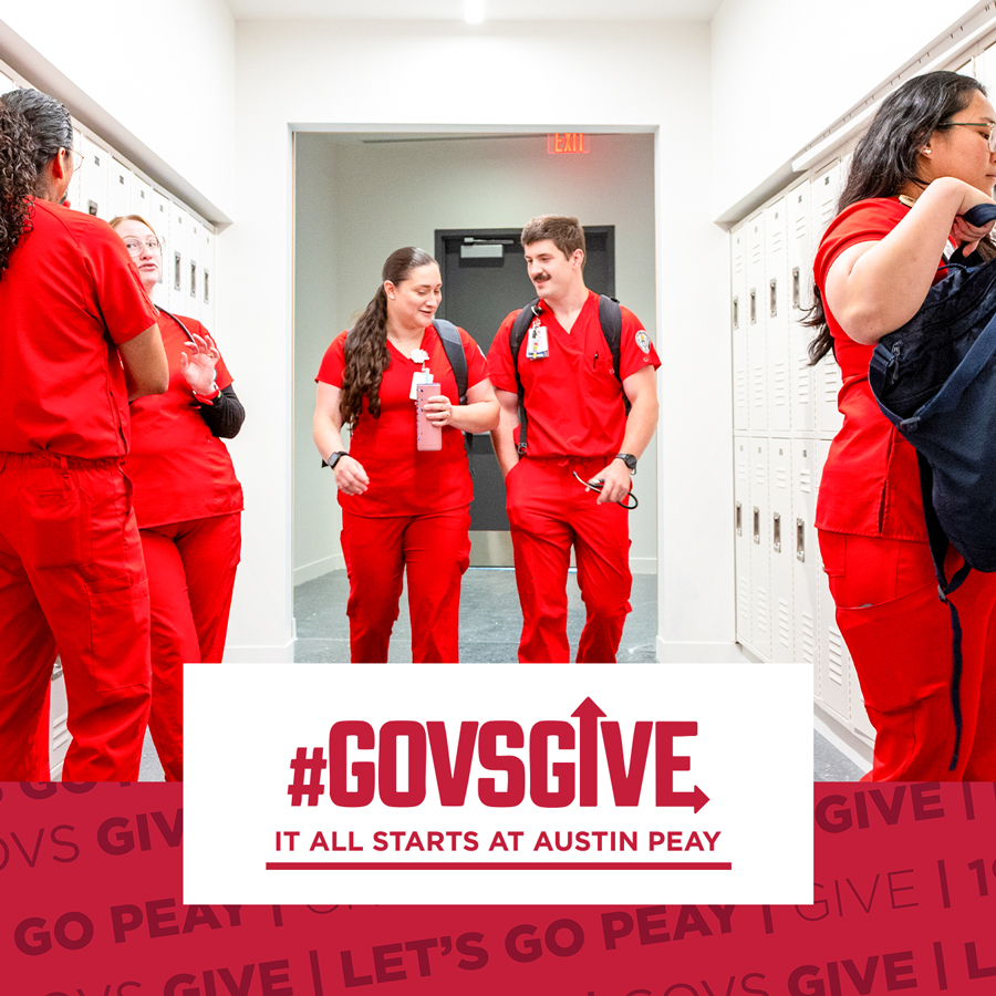 Nursing students talking in a hallway with lockers. Text overlay mentions Govs Give March 17 & 18.