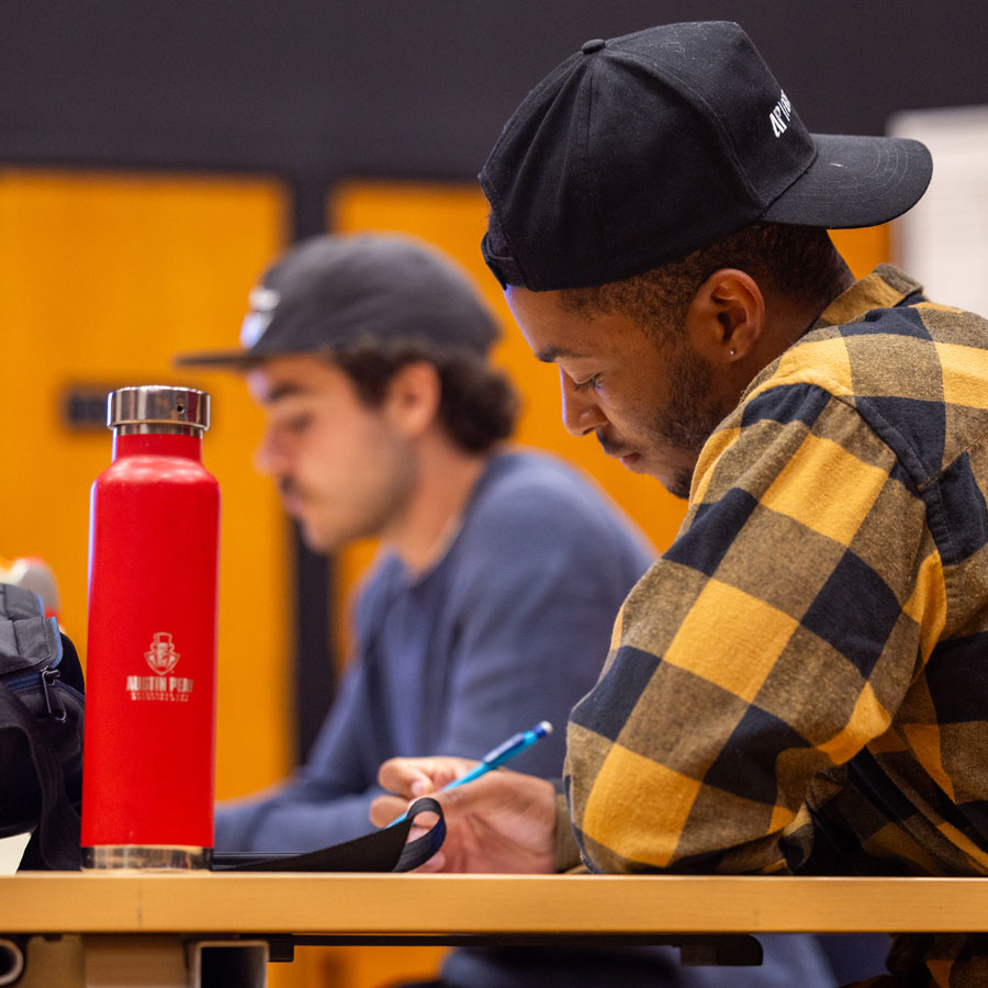 Student sitting at a desk and going over their notes. 
