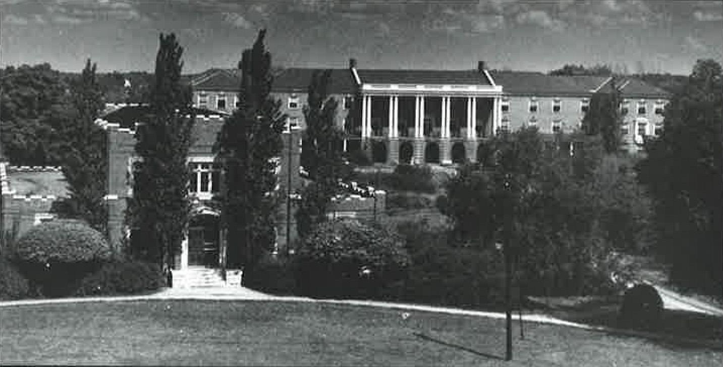 The Commons building, a dining hall for the surrounding student housing, sat in front of the Harned building, APSU's oldest building.