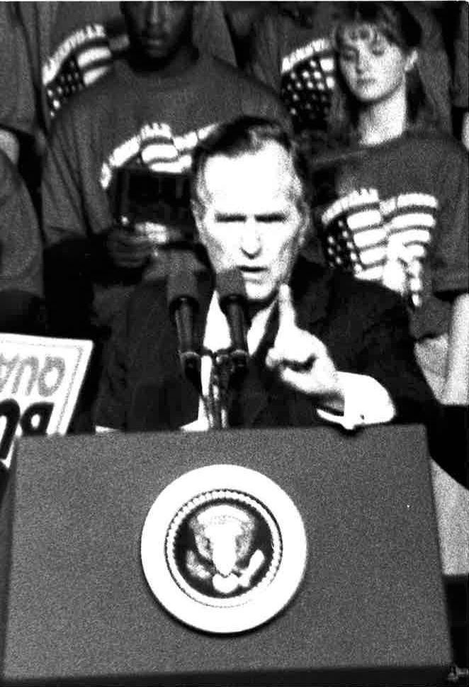 During his visit, Bush challenged Bill Clinton to a presidential debate. During his visit, Bush challenged Bill Clinton to a presidential debate.