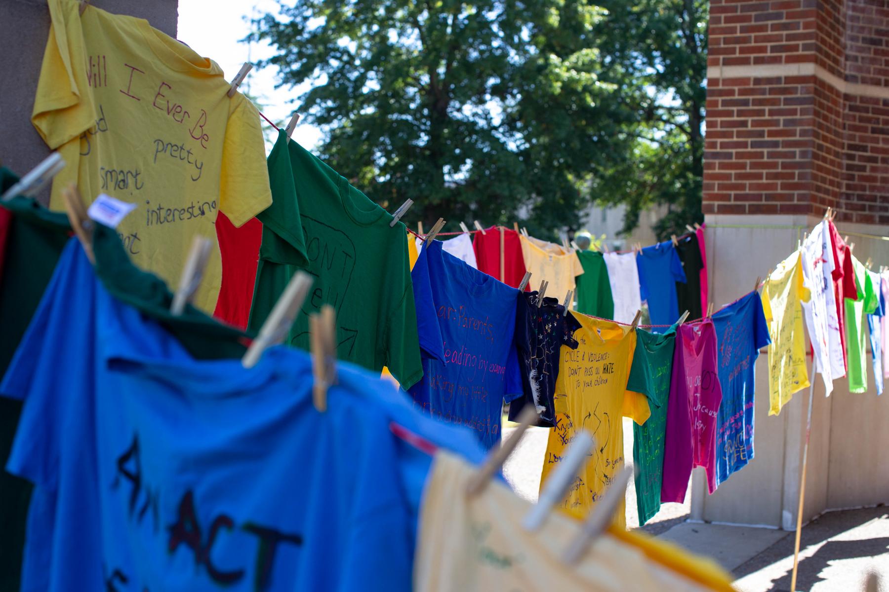 Austin Peay hosted the Clothesline Project on Wednesday, Oct. 5, to increase awareness of the impact of violence and abuse, honor survivors’ strength and give survivors an avenue to break the silence that often surrounds such violence.
Organizers dedicated the exhibition to Dr. Jill Eichhorn – a longtime professor at Austin Peay who died suddenly after a short illness on Oct. 2. As a sign at the exhibition noted, Eichhorn was a warrior for gender equality and nonviolence, and was a friend and adviser to all.
Donations were accepted in Eichhorn’s name to benefit the Legal Aid Society of Middle Tennessee.
The exhibition was hosted by Austin Peay’s Govs Care, and the Clarksville Area urban Ministries SafeHouse provided information about services for interpersonal violence survivors.
