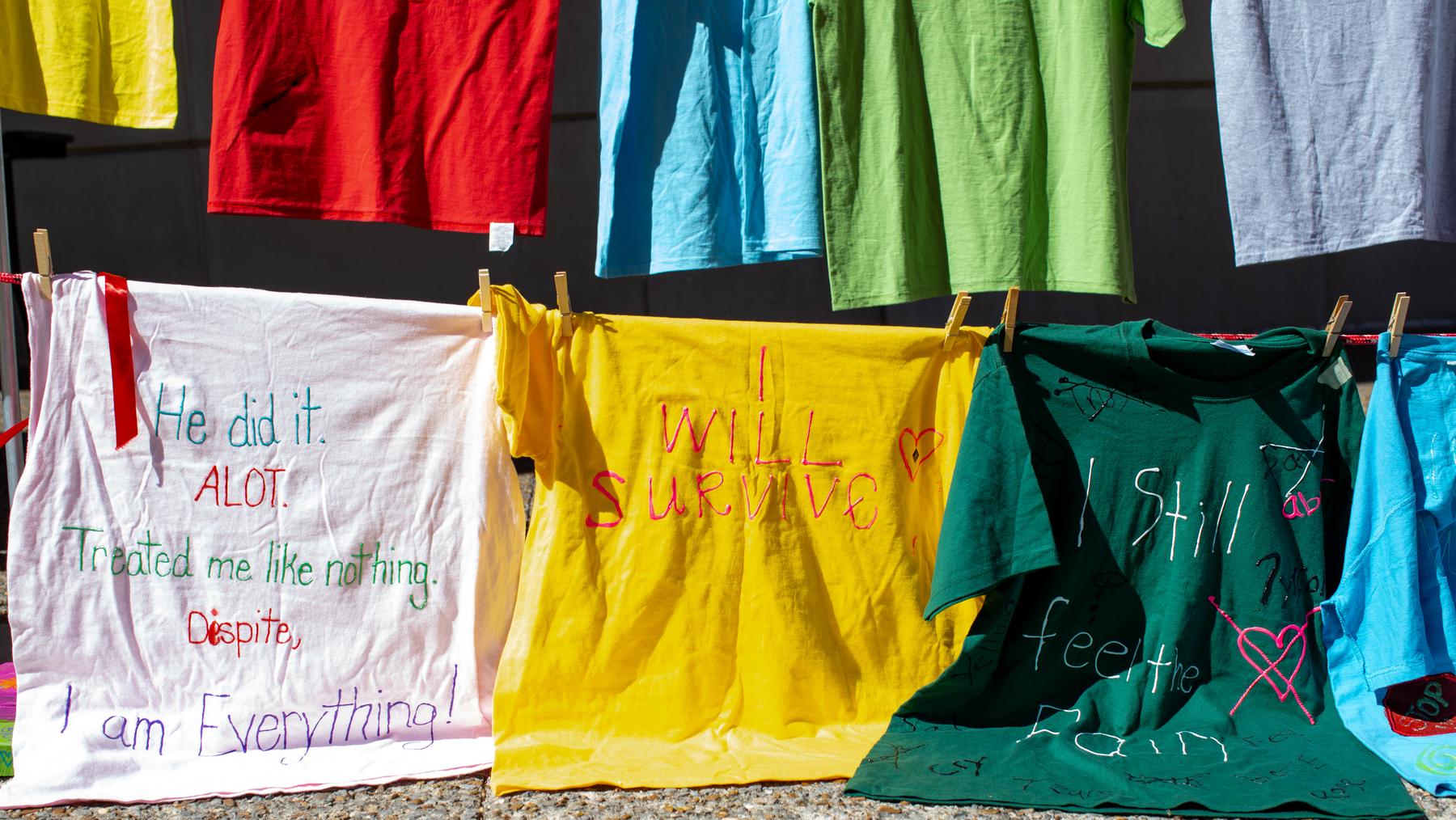 Austin Peay hosted the Clothesline Project on Wednesday, Oct. 5, to increase awareness of the impact of violence and abuse, honor survivors’ strength and give survivors an avenue to break the silence that often surrounds such violence.
Organizers dedicated the exhibition to Dr. Jill Eichhorn – a longtime professor at Austin Peay who died suddenly after a short illness on Oct. 2. As a sign at the exhibition noted, Eichhorn was a warrior for gender equality and nonviolence, and was a friend and adviser to all.
Donations were accepted in Eichhorn’s name to benefit the Legal Aid Society of Middle Tennessee.
The exhibition was hosted by Austin Peay’s Govs Care, and the Clarksville Area urban Ministries SafeHouse provided information about services for interpersonal violence survivors.
