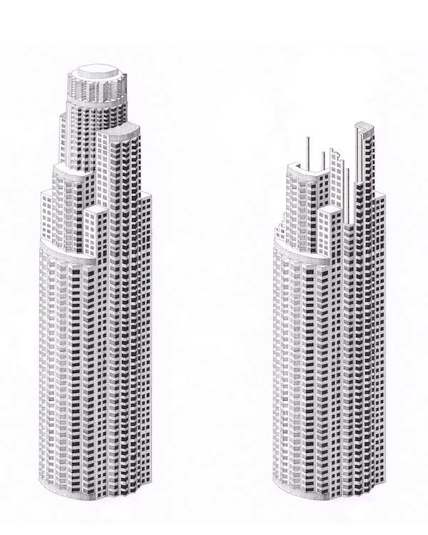 Kaylie Fairclough's illustrations of the U.S. Bank Tower in Los Angeles, California.