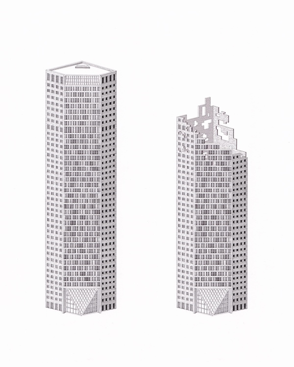 Kaylie Fairclough's illustrations of the JPMorgan Chase Tower in Houston, Texas. 
