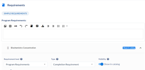 Requirements page showing a Program Requirements editor for Biochemistry Concentration with Show in catalog enabled