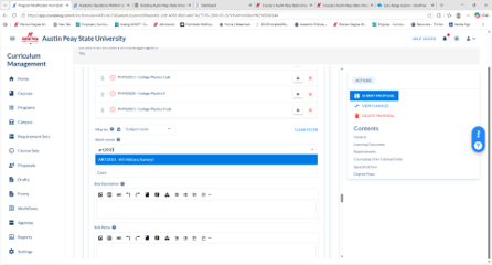 Austin Pay State University Curriculum Management dashboard with a left navigation menu, course proposal form, and right-side actions panel