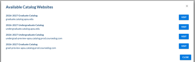 Available Catalog Websites dialog with four catalog links and Visit buttons