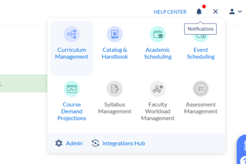 Web app menu with tiles for Curriculum Management, Catalog & Handbook, Academic Scheduling, Event Scheduling, Course Demand Projections, Syllabus Management, Faculty Workload Management, and Assessment Management.