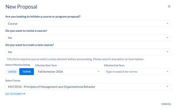 New Proposal dialog with dropdowns for proposal type, course revision, effective dating, and selected course MGT2010 - Principles of Management and Organizational Behavior.