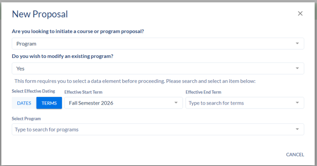 New Proposal form with dropdowns for program, effective term, end term, and program selection