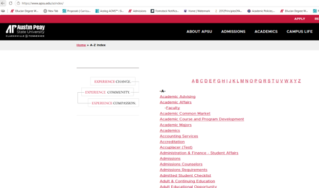 Austin Peay State University A-Z Index webpage with alphabet links and entries such as Academic Advising, Admissions, and Accreditation