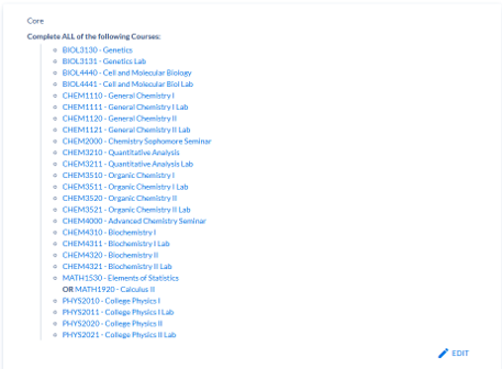 Core course requirements list with biology, chemistry, statistics, and physics classes