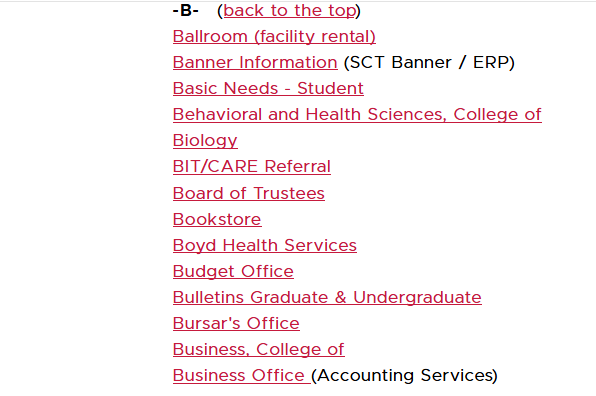 Webpage section listing B links, including Ballroom (facility rental), Banner Information, Basic Needs - Student, Board of Trustees, Bookstore, Bursar's Office, and Business Office.