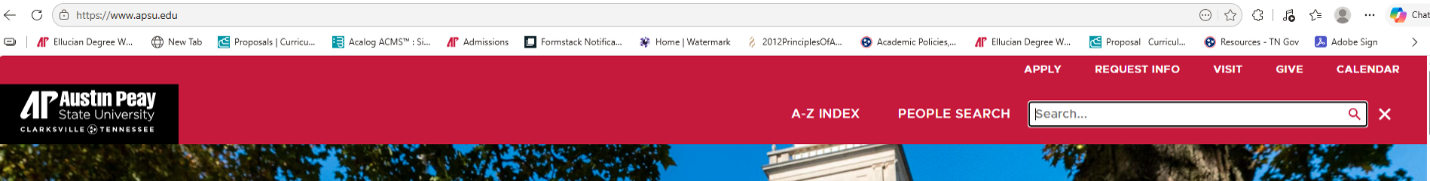 Austin Peay State University website header with logo, search bar, and links for Apply, Request Info, Visit, Give, and Calendar