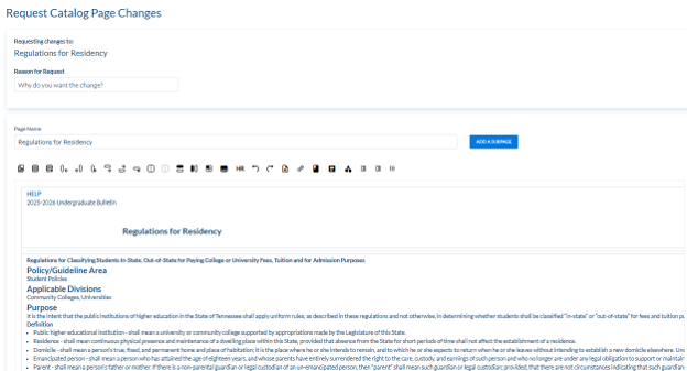 Request Catalog Page Changes form for Regulations for Residency with text fields and a page editor