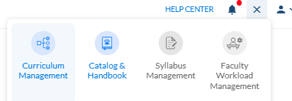Help center menu showing Curriculum Management, Catalog & Handbook, Syllabus Management, and Faculty Workload Management tabs