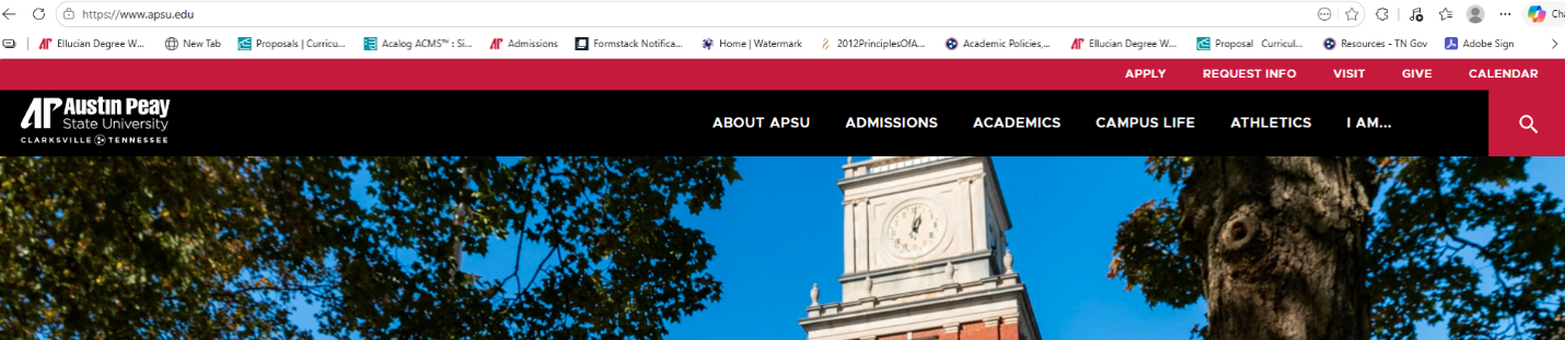 Austin Peay State University website homepage with navigation menu and clock tower banner