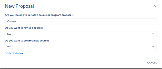 New Proposal dialog with dropdowns for course or program proposal, course revision, and new course creation