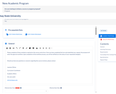 Iowa State University New Academic Program form with pre-populate data options, general section, and submit proposal sidebar