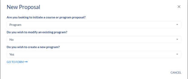New Proposal dialog with dropdowns set to Program, No, and Yes, plus Go to Form and Cancel