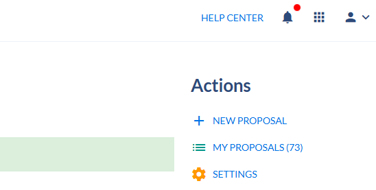 Actions menu with New Proposal, My Proposals (73), and Settings links