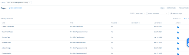 Pages list for the 2026-2027 Undergraduate Catalog with a table of page entries