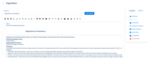 Page editor showing a document titled Regulations for Residency