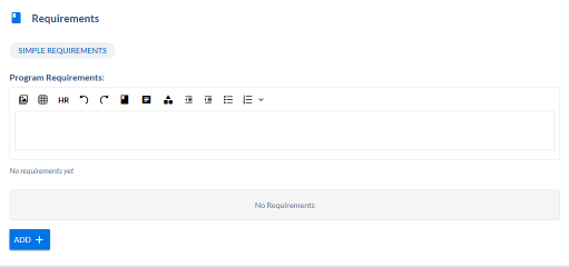 Requirements form section with a simple requirements tab, empty program requirements editor, and Add button.