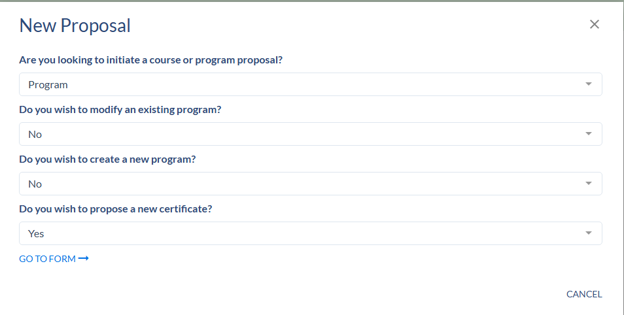 New Proposal dialog with dropdowns set to Program, No, No, and Yes, plus a Go to form link
