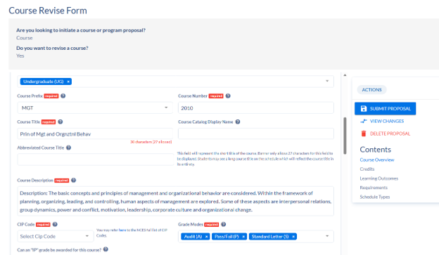 Course Revise Form showing undergraduate MGT 2010 course title and description fields with submit, view changes, and delete proposal buttons.