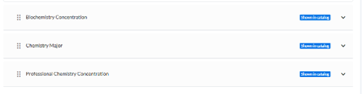List of chemistry programs: Biochemistry Concentration, Chemistry Major, and Professional Chemistry Concentration, each with a Show in catalog button.