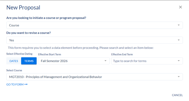 New Proposal dialog for a course proposal, with fields for effective dating, term selection, and course MGT2010 - Principles of Management and Organizational Behavior.