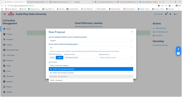 Austin Peay State University Curriculum Management dashboard with a New Proposal modal open and a program dropdown expanded