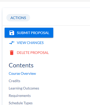 Actions menu with Submit Proposal button, View Changes and Delete Proposal links, and Contents list with Course Overview, Credits, Learning Outcomes, Requirements, and Schedule Types.
