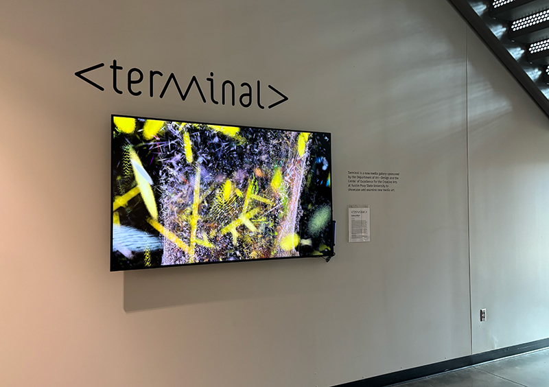 A wall under a staircase that reads "<terminal>" above a large TV showing new media art video.