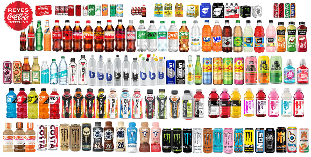 Graphic showing a bottle lineup of all available Coca-Cola brand products.