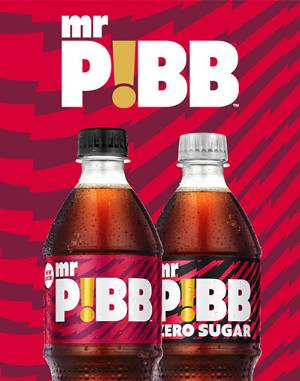 Graphic of Mr Pibb bottles showing the new branding for Mr Pibb