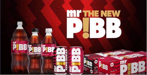 Image graphic with different Mr Pibb containers like bottles and cans. It says The New Mr. Pibb.