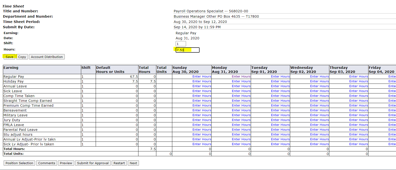 Example clerical support timesheet