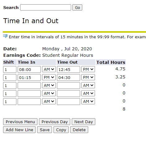 Time in Time out Timesheet view